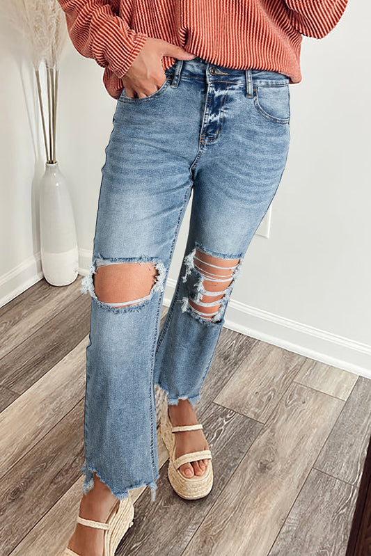 Hem Ripped Open Knee Fit Flare Jeans