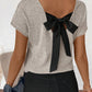 Morn Ribbed Short Sleeve V Neck Colorblock Bow Back Top
