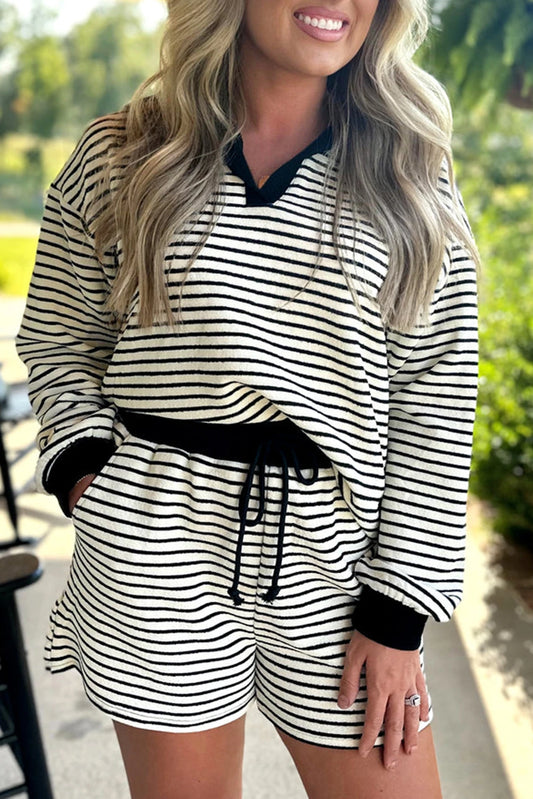 Stripe Collared Tee and Drawstring Shorts Set