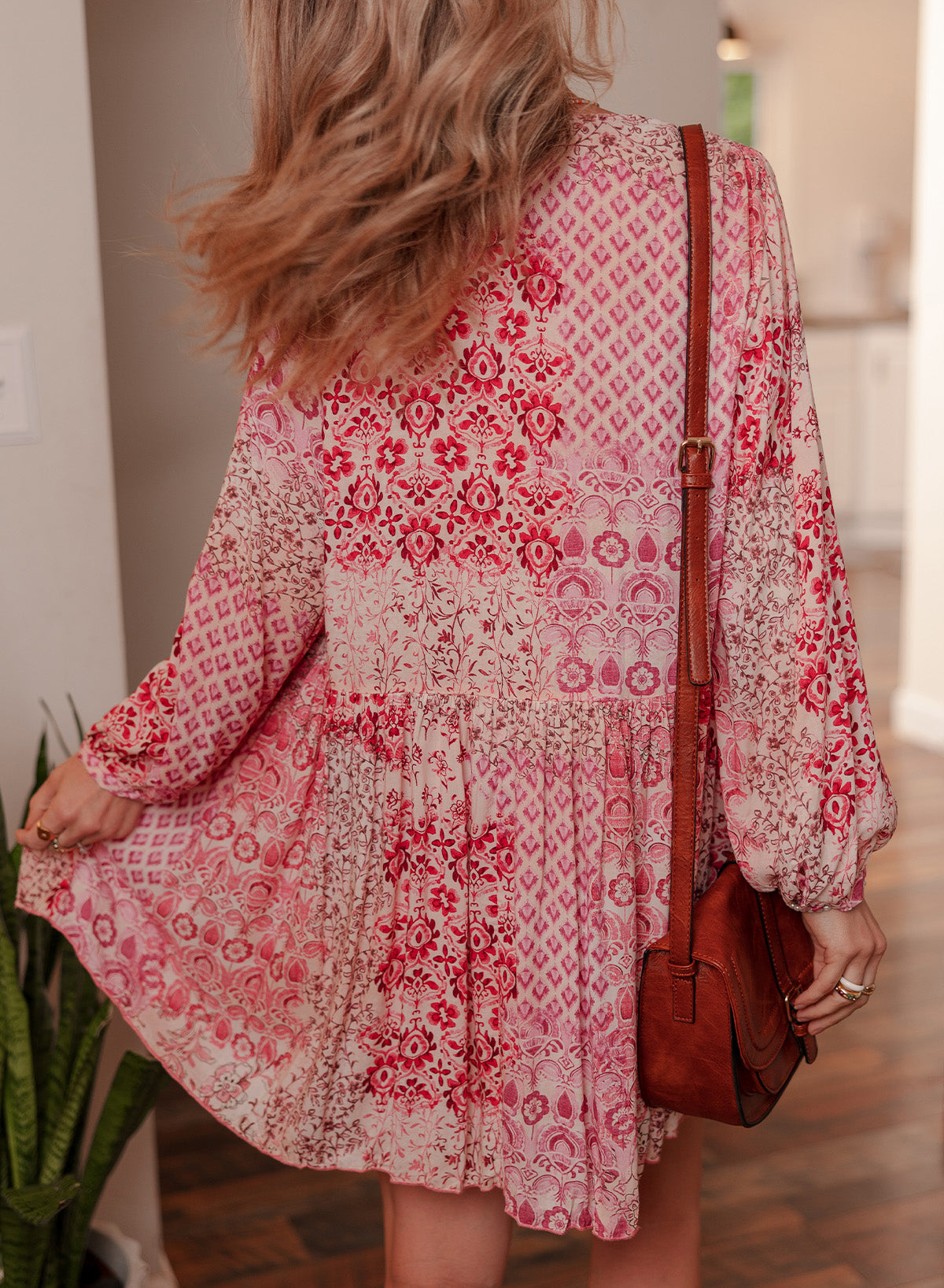 Bohemian Floral Print Tassel Tie Long Sleeve Flowy Mini Dress