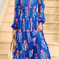 Floral Print Striped Trim Split Neck Long Sleeve Ruffle Hem Midi Dress