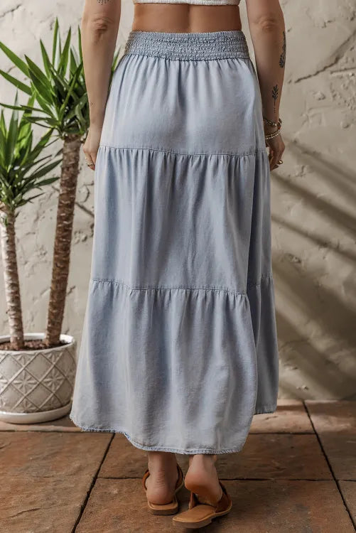 Beau Blue Tiered Smocked High Waist Denim Maxi Skirt