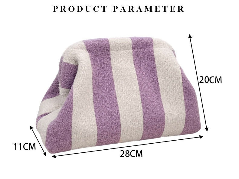 Striped Plush Kiss Lock Clutch Bag