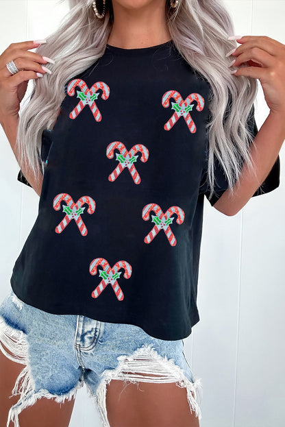 Holly Candy Cane Christmas Sequin Graphic T Shirt