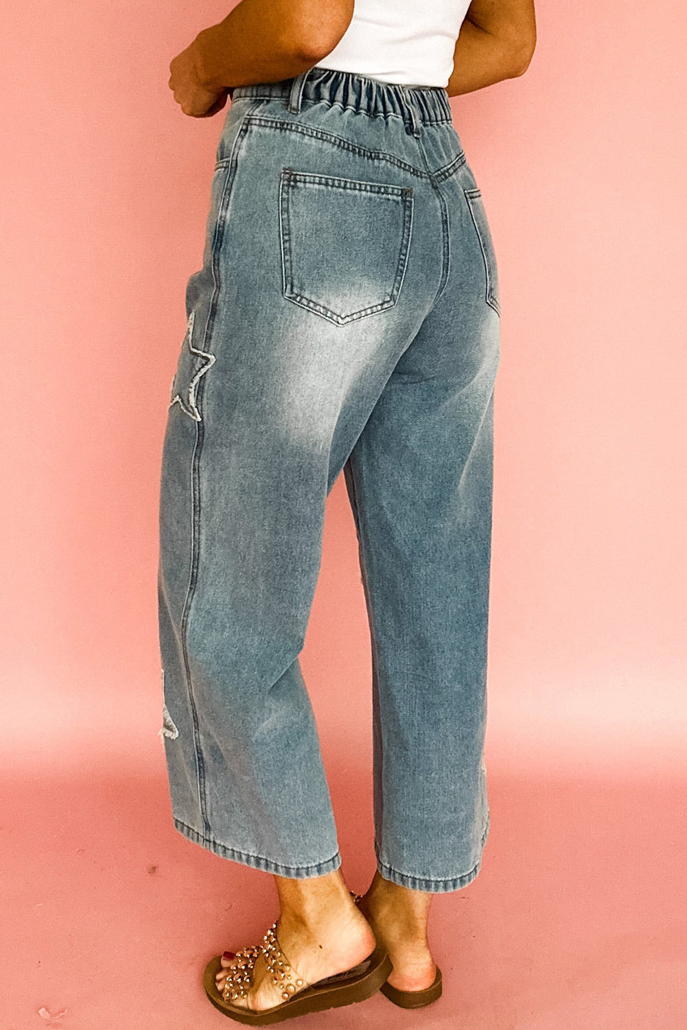 Star Patchwork Cropped Wide Leg High Waist Jeans