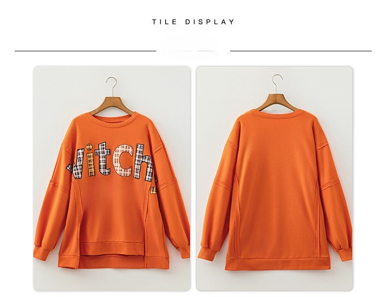 Flamingo Halloween Witchy Plaid Slogan Embroidered Patch Tunic Sweatshirt