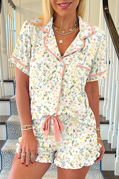 Floral Print Contrast Pipping Short Pajamas Set
