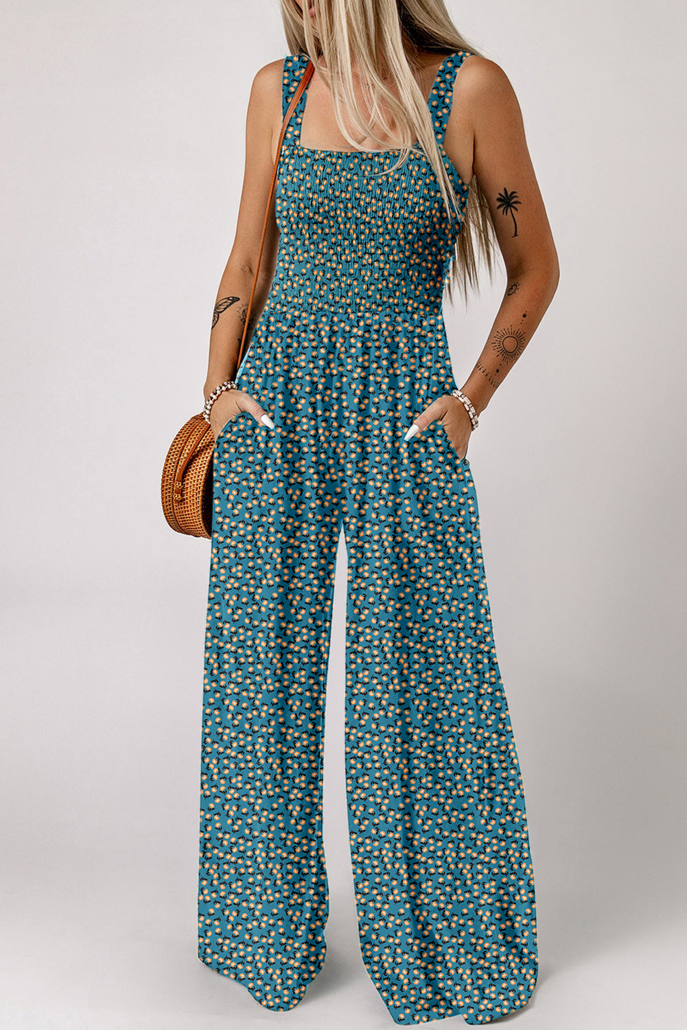 Floral Print Smocked High Waist Square Neck Jumpsuit