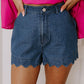 Scalloped Hemline Acid Wash High Waist Denim Shorts