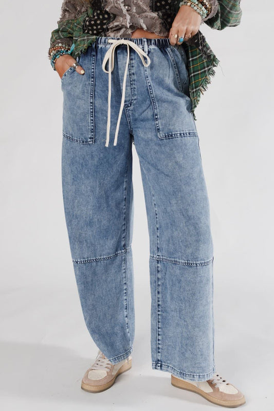Acid Wash Exposed Seam Drawstring High Waist Jeans