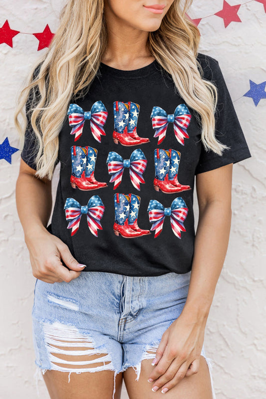 Black Stars and Stripes Bowknot Cowgirl Boots Graphic Patriotic Tee