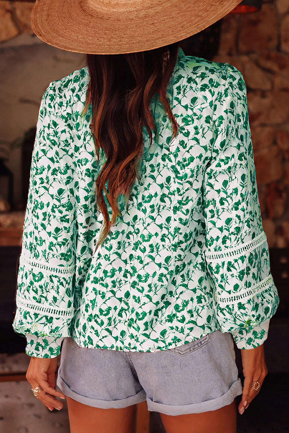 Lace Detail Floral Puff Sleeve Fall Shirt
