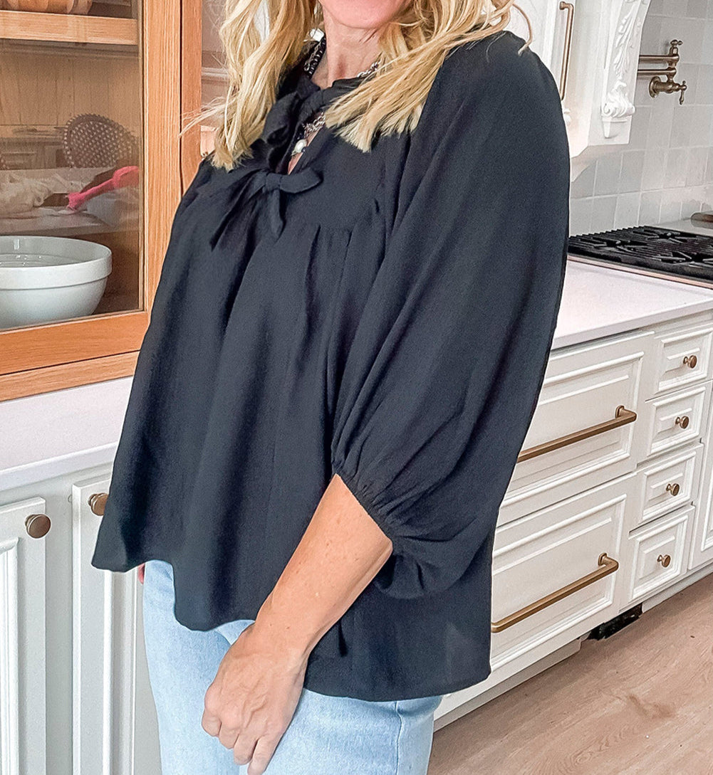 Bow Tie Neck 3/4 Sleeve Casual Blouse