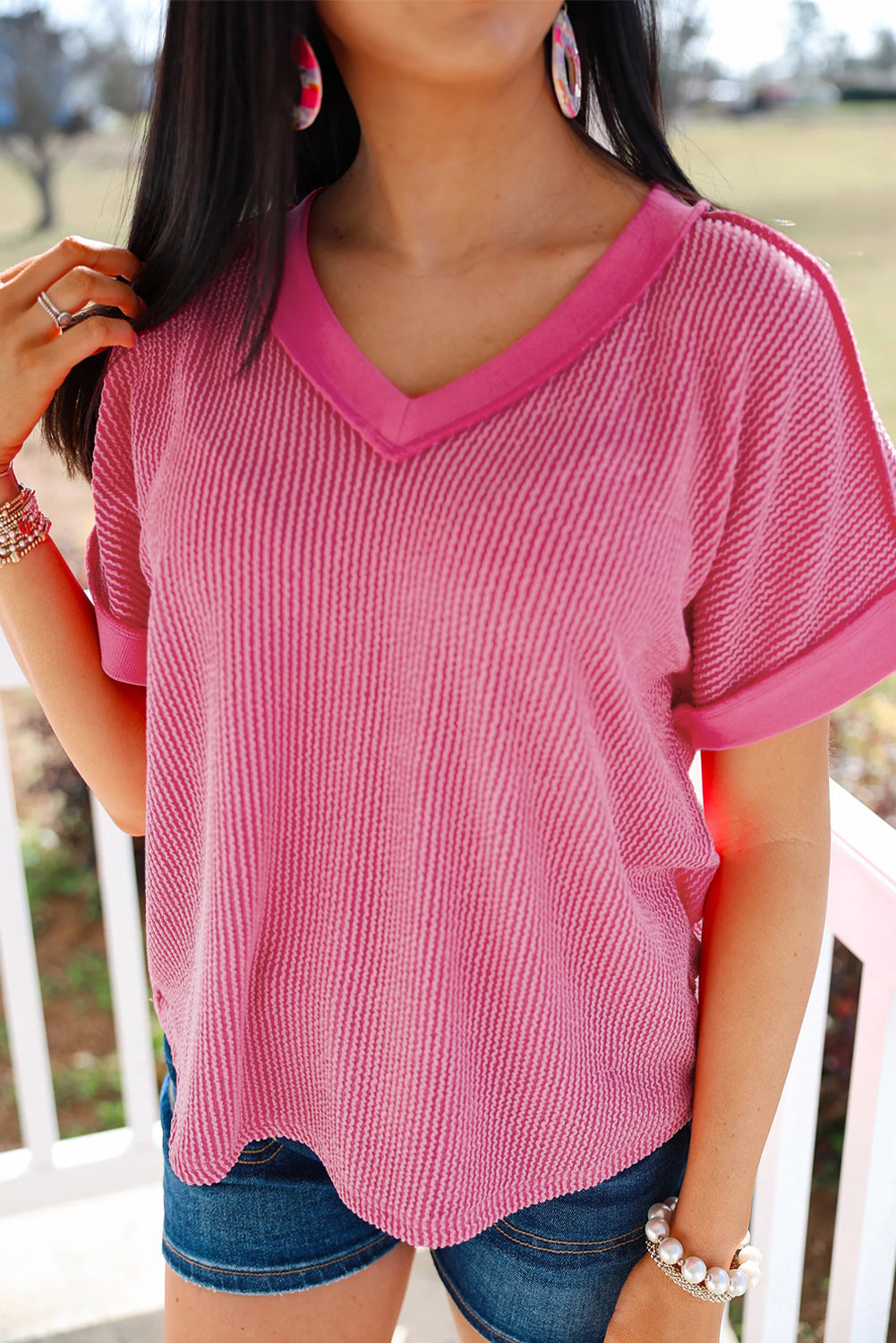 Twisted Ribbed Knit V Neck Casual Tee