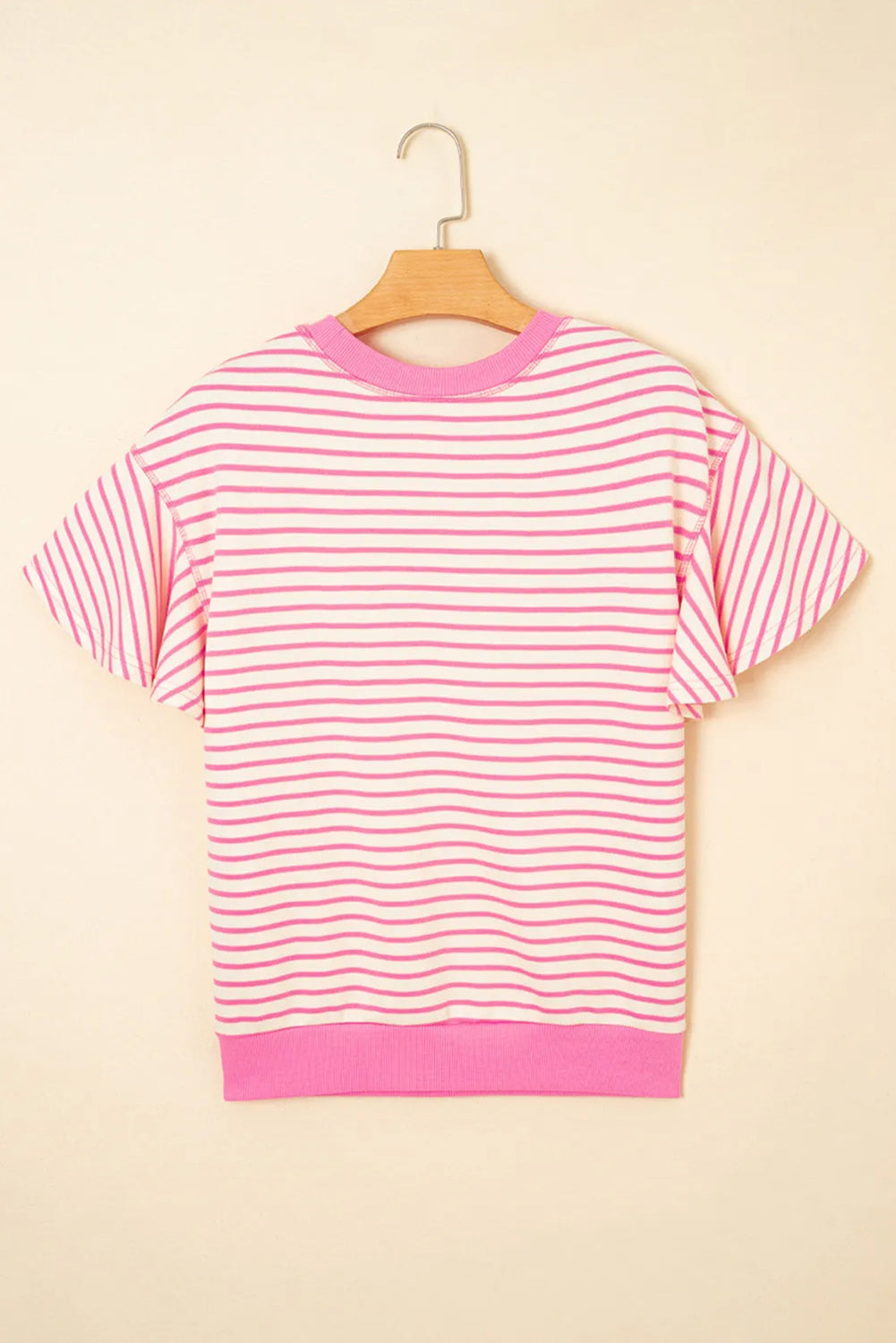 Sequin Baseball Pattern Striped Ruffle Sleeve Round Neck Knit Top