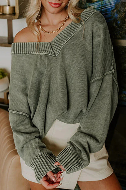 V Neck Knit Exposed Seam Drop Shoulder Loose Sweater