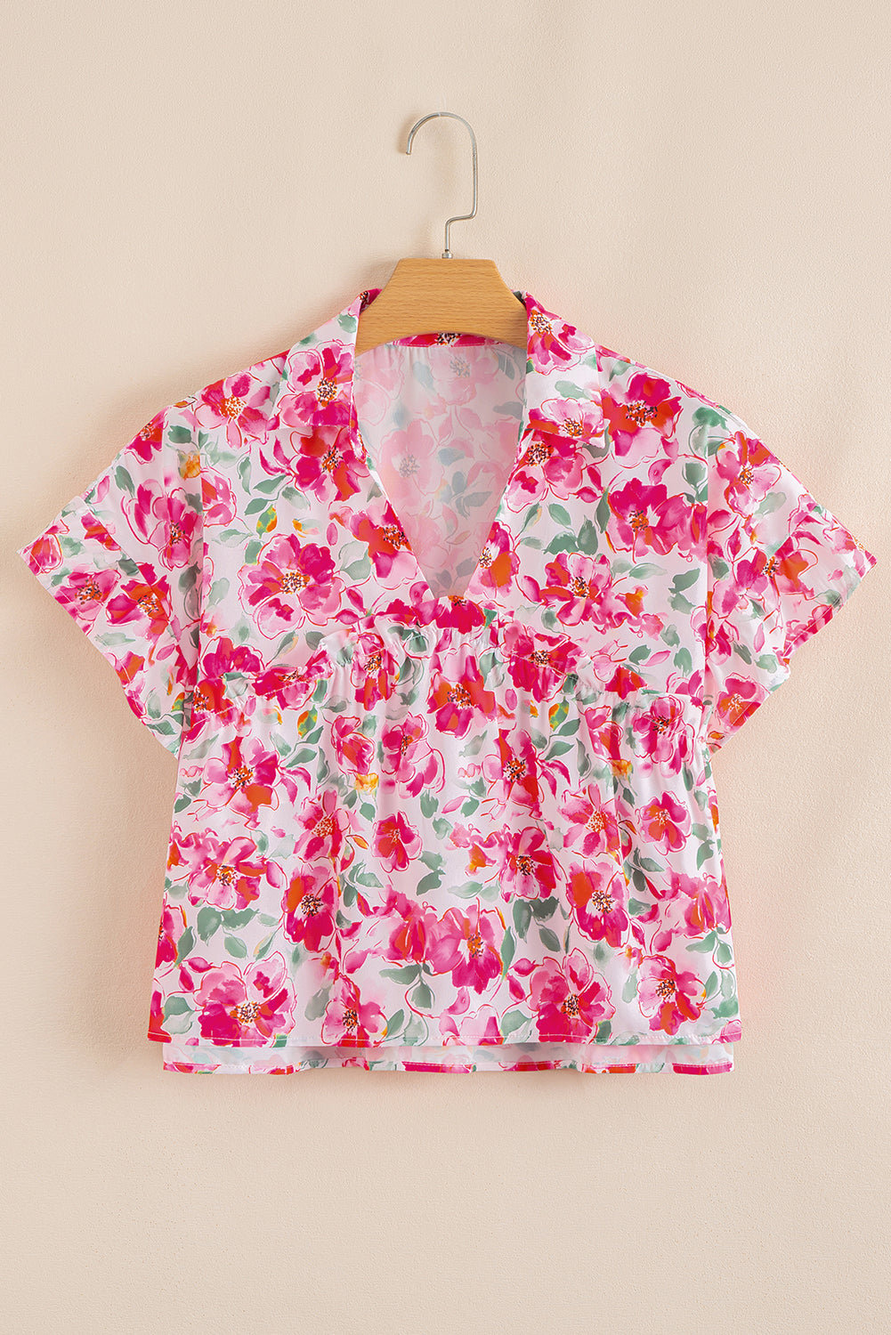 Floral Boxy Fit Ruffled Short Sleeve V Neck Blouse