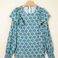 Abstract Print Shirred Cuff Puff Sleeve Blouse