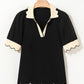 Scallop Trim Color Block Long Sleeve Collared Top