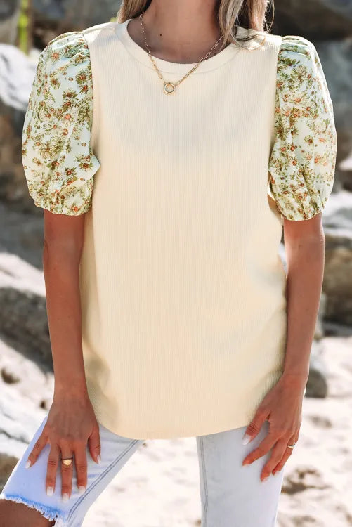 Beige Contrast Floral Bubble Sleeve Patchwork Ribbed Top