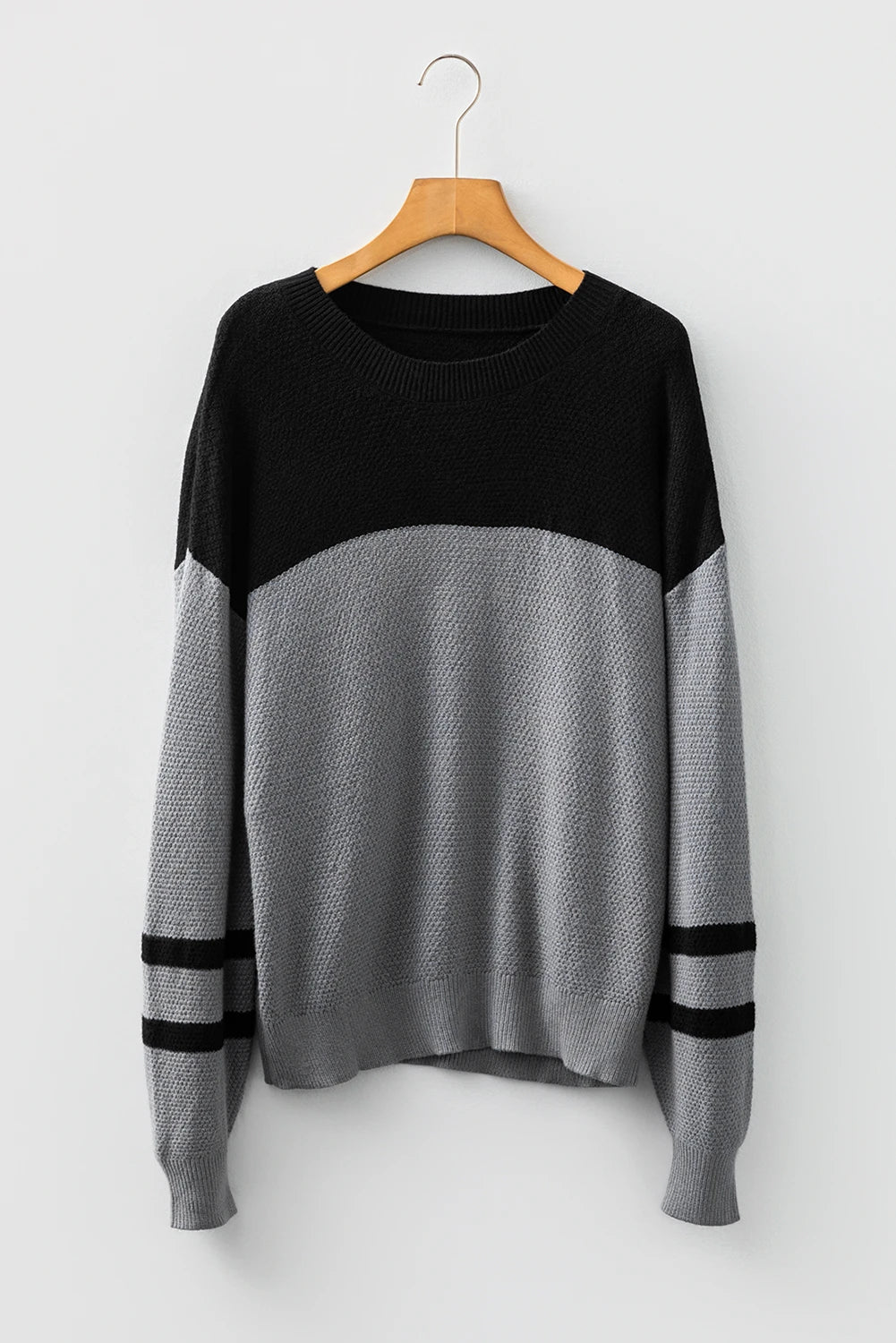 Block Knit Striped Sleeve Detail Casual Sweater