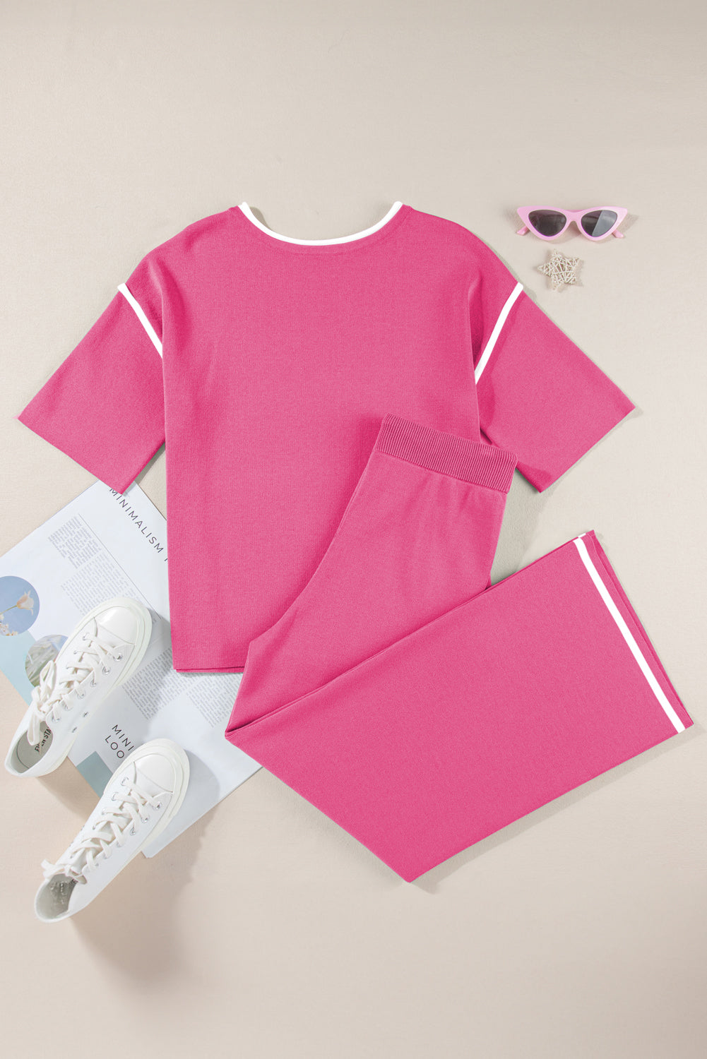 Contrast Trim Half Sleeve Top Drawstring Pants Loose 2pcs Sweater Suit