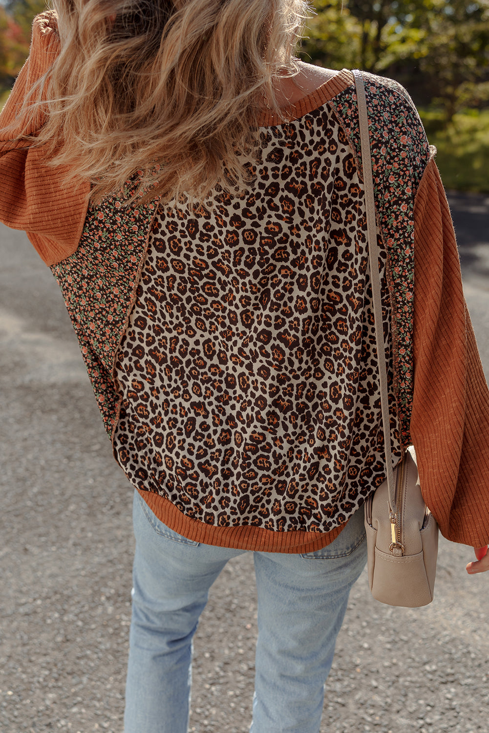 Leopard Floral Print Ribbed Puff Sleeve Patchwork Loose Pullover