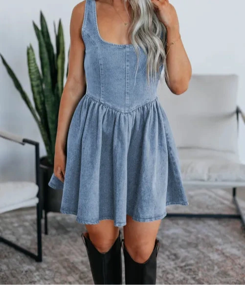 Square Neck Bowknot A-line Sleeveless Denim Dress
