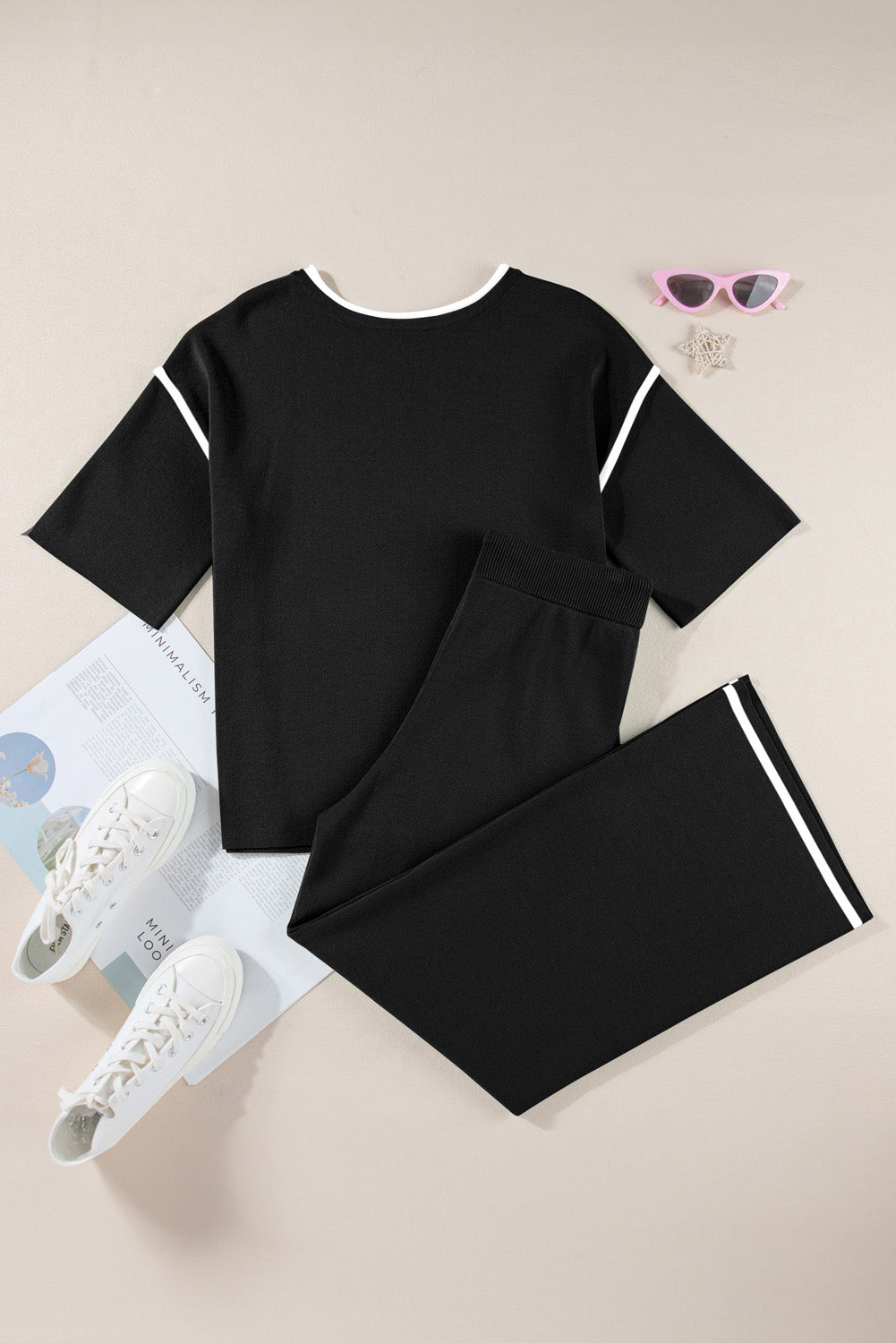 Contrast Trim Half Sleeve Top Drawstring Pants Loose 2pcs Sweater Suit