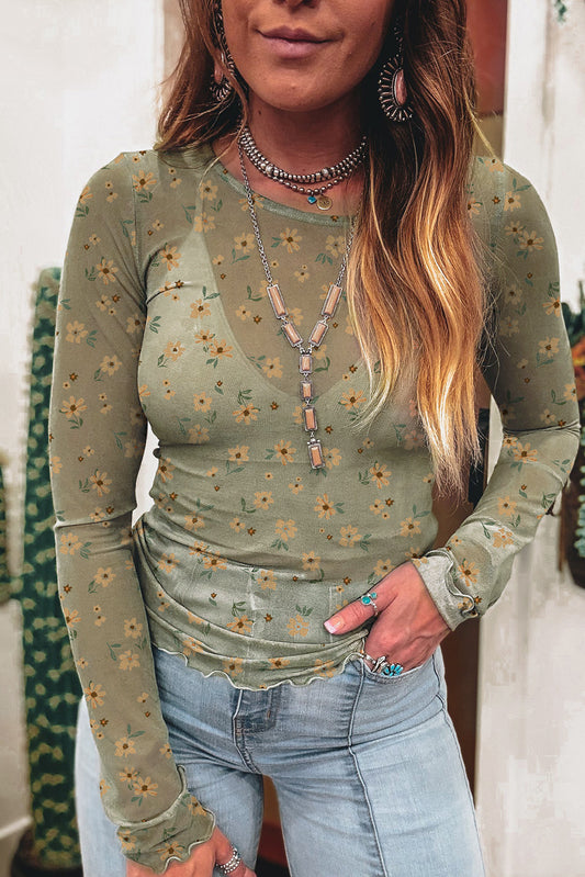 Vintage Floral Print Southern Style Mesh Long Sleeve Top