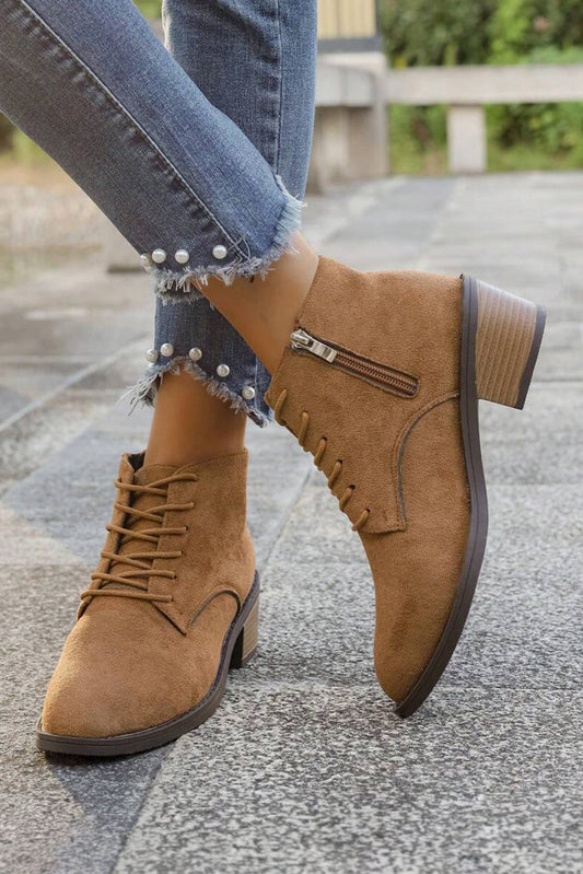Faux Suede Zip Side Lacing Detail Ankle Boots