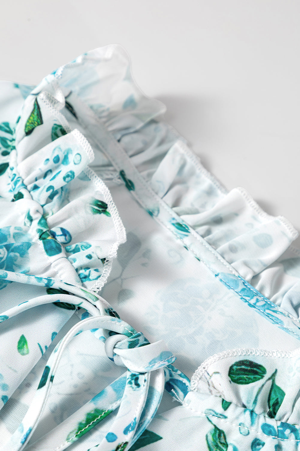 Floral Print Frilled Trim Tie Neck Elastic Cuffs Long Sleeve Blouse