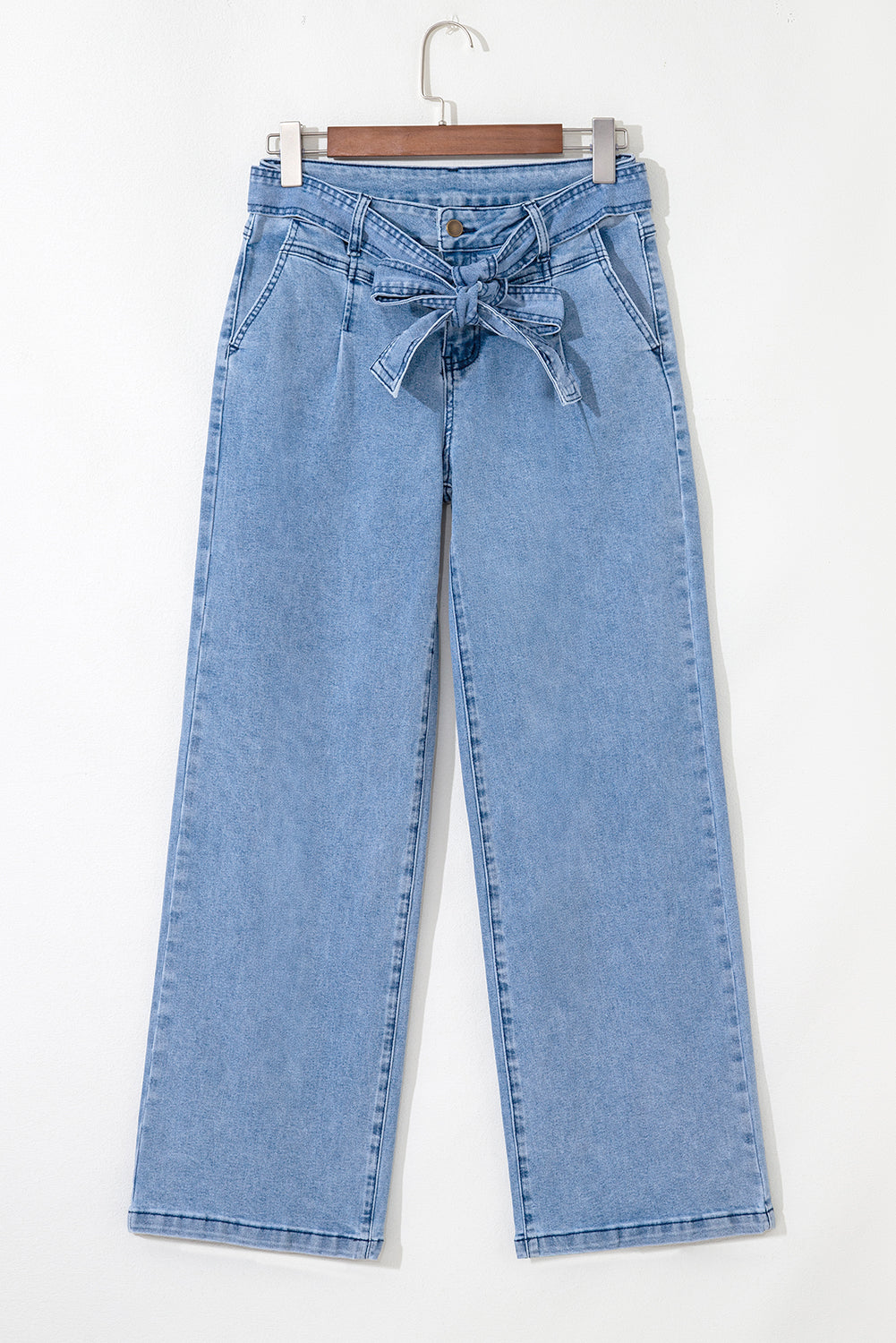 Western Washed Bow Knot Sash Wide Leg Jeans