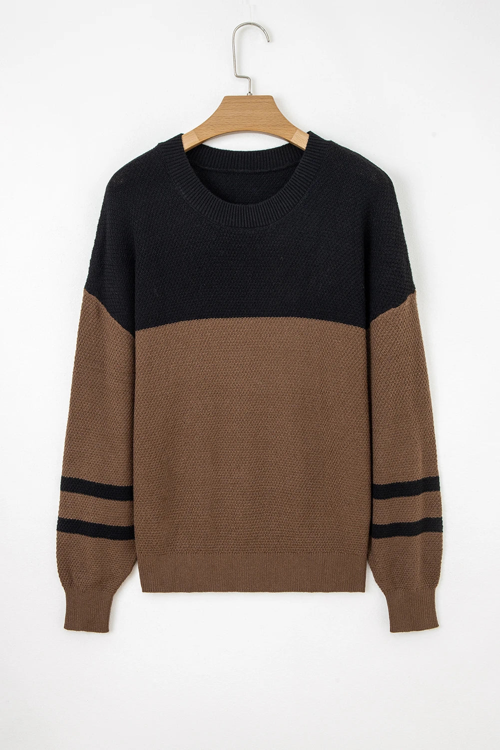 Block Knit Striped Sleeve Detail Casual Sweater