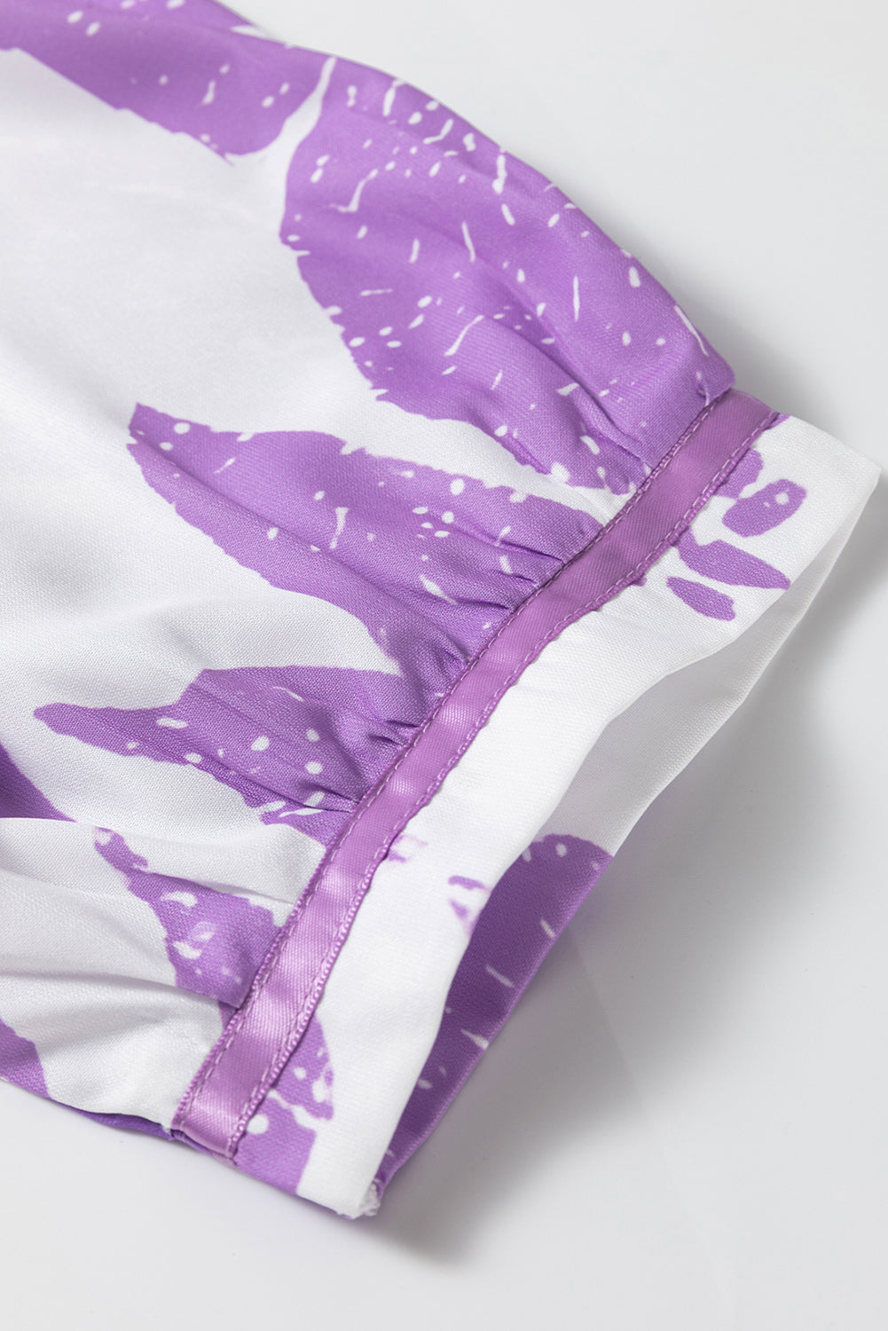 Leafy Print 3/4 Sleeve Striped Trim Split Neck Blouse