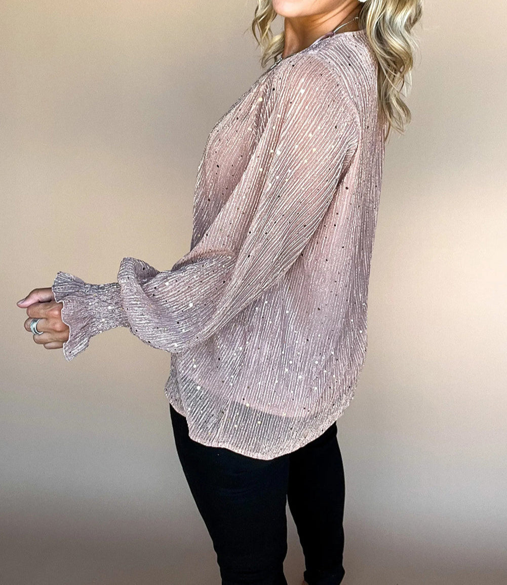 V Neck Sequin Plisse Long Sleeve Blouse