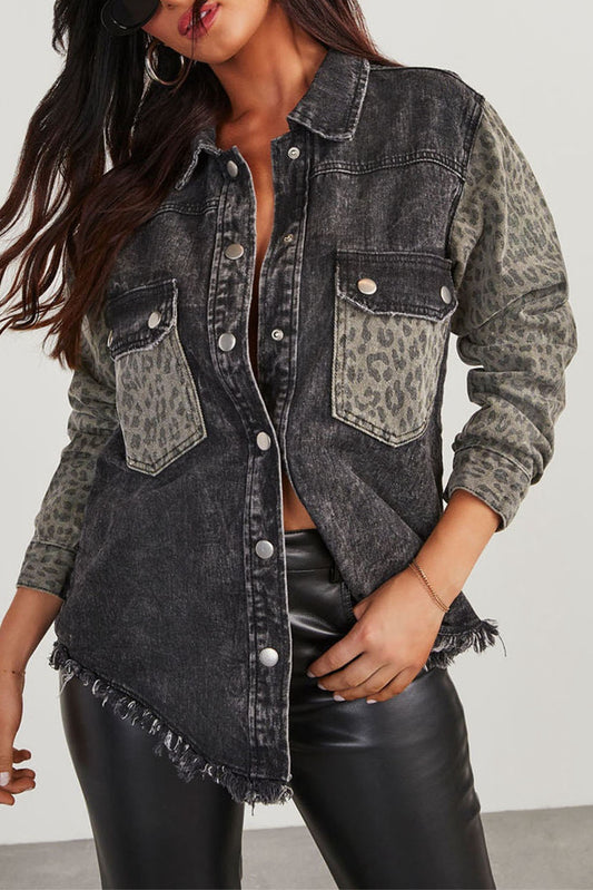 Leopard Vintage Raw Hem Denim Jacket