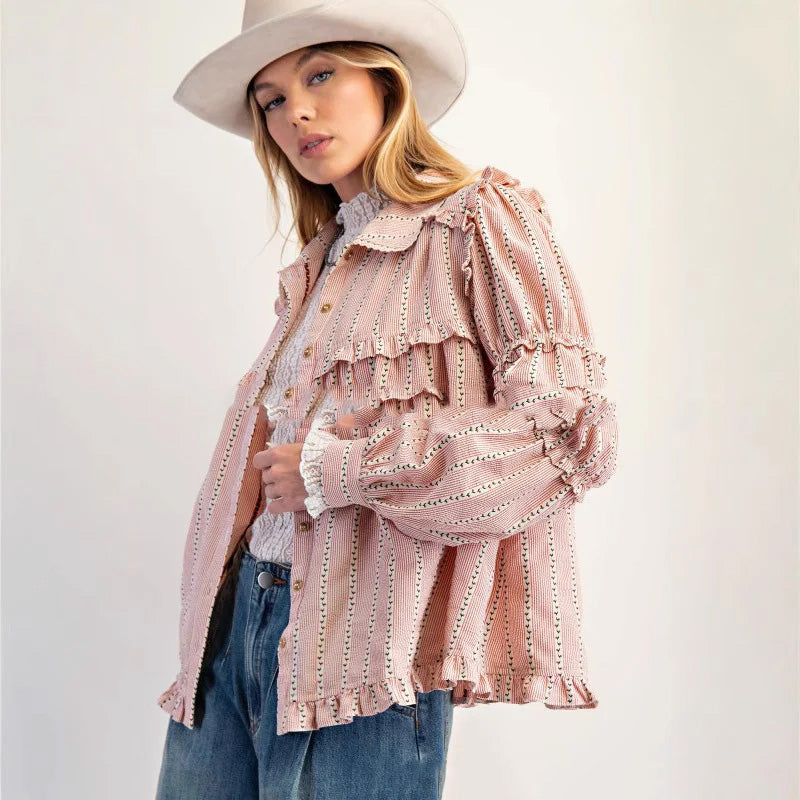 Women's Ruffled Long-sleeved Striped Shirt Jacket