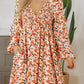 Floral Deep V Neck Smocked Bust Bubble Sleeve Babydoll Dress