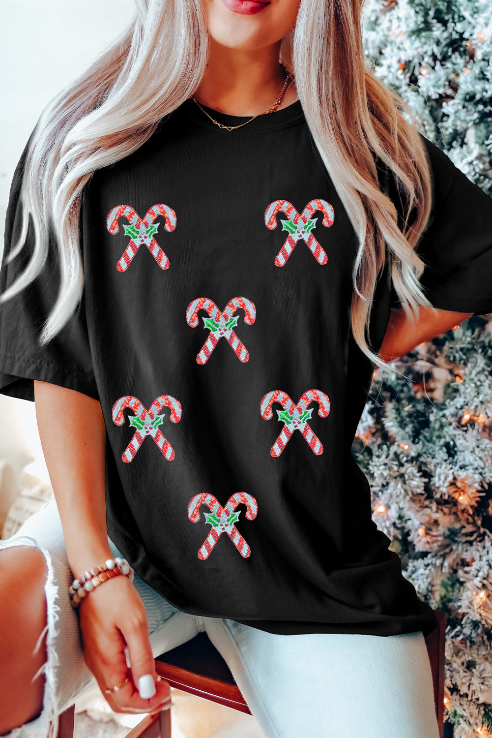 Holly Candy Cane Christmas Sequin Graphic T Shirt