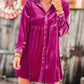 Long Sleeve Ruffle Velvet Button Up Dress