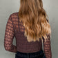 Sheer Mesh Patterned Lettuce Trim Slim Long Sleeve Top