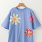Flower Patched Exposed Stitching Trim Crew Neck Loose Tee