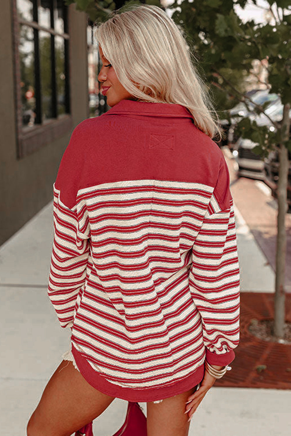 Stripe Buttoned V Neck Collared Top