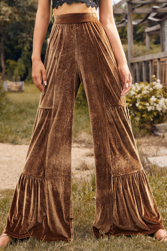 Velvet Ruffle Hem Wide Leg Pants