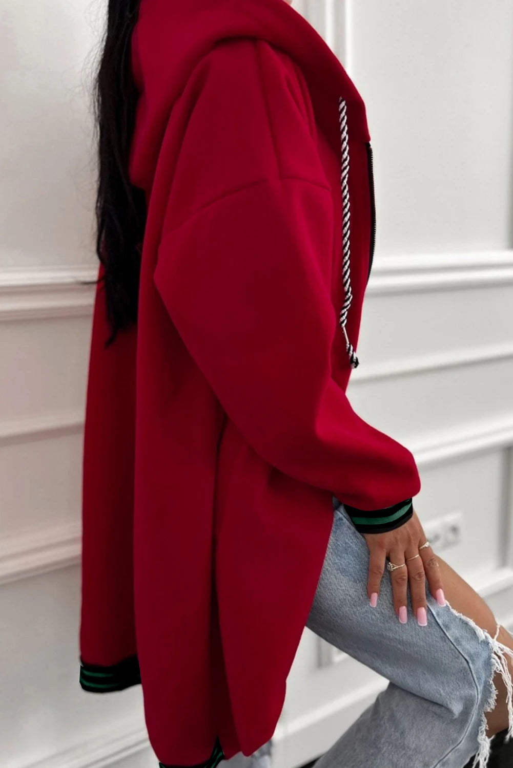 Cuffed Drop Shoulder Zip up Tunic Hoodie