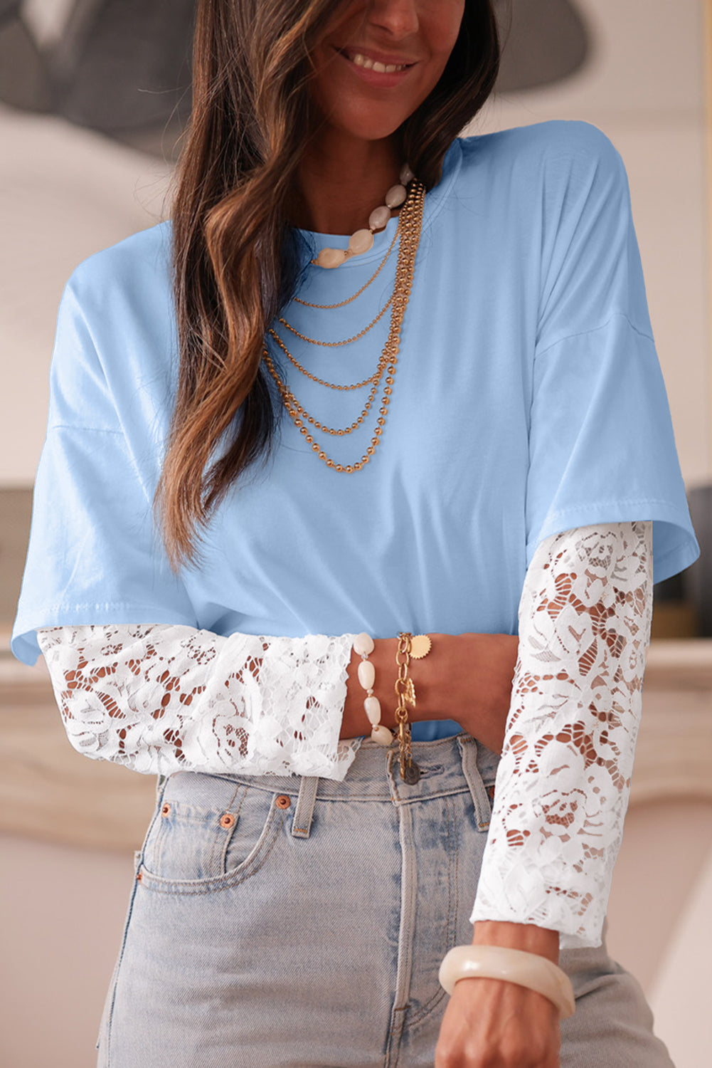 Lace Long Sleeve Insert Drop Shoulder Tee