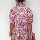 Floral Puff Short Sleeve V Neck Mini Dress