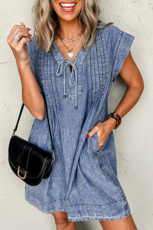 Tie V Neck Tucking Detail Short Sleeve Denim Shift Dress