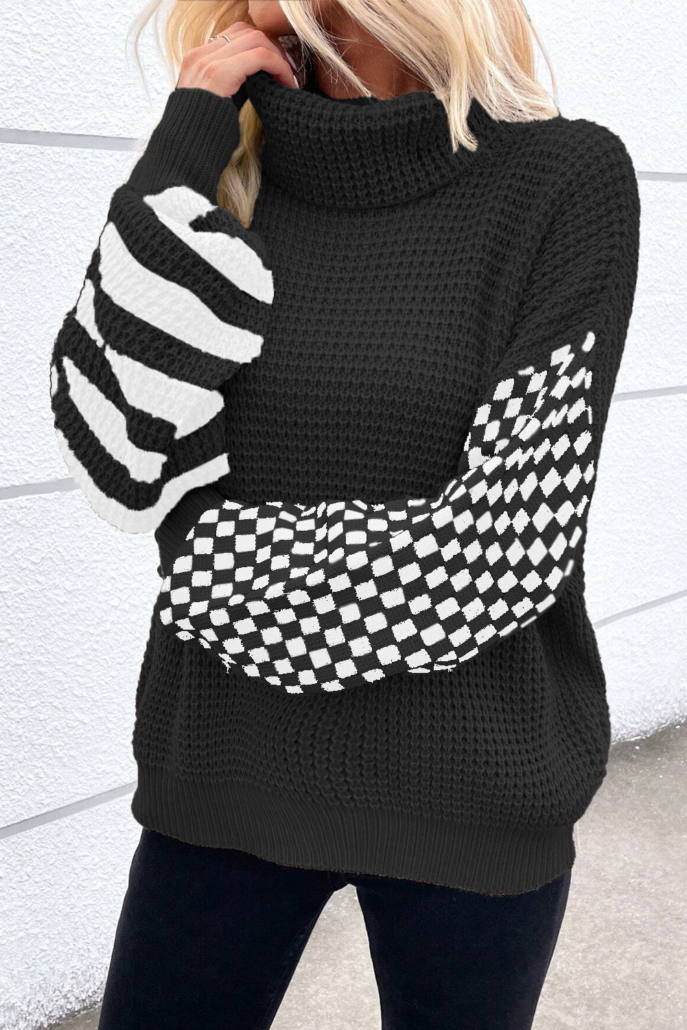 Striped and Checked Waffle Turtleneck Sweater